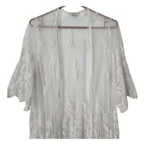 Umgee White Floral Embroidered Mesh Lace Duster Cardigan Small Boho